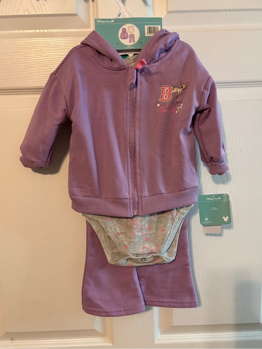 Disney Lavender Bambi Hooded Jacket & Pants Set Gray Bodysuit Brand New Size 12m